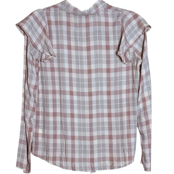 Express Ruffle Plaid Top Sz S Button Down Tie Hem Pink Gray Twee Coquette Girl - Picture 2 of 8